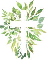 Illustration of a cross formed using negative space around green leaves